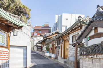 SEOUL, SOUTH KOREA - JANUARY 1, 2017 - View of a street of Bukchon, an old korean village in the heart of Seoul.
