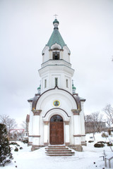Fototapeta premium HAKODATE, HOKKAIDO - APRIL 22, 2016: St. John's Church and Motomachi district cityscape.