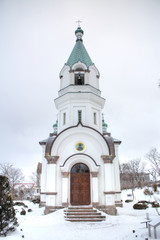 HAKODATE, HOKKAIDO - APRIL 22, 2016: St. John's Church and Motomachi district cityscape.