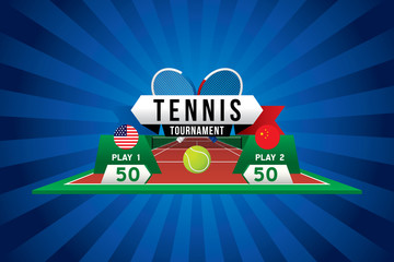Tennis tournament design with players and scoreboard.