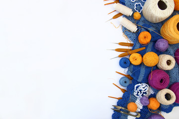 Crocheting. Knitting and crochet tools - obrazy, fototapety, plakaty
