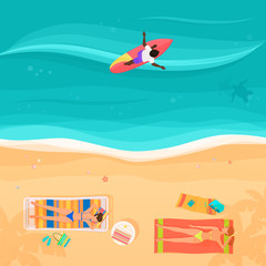 Top view of exotic sea beach with people and surfer. Bright color vector illustration.