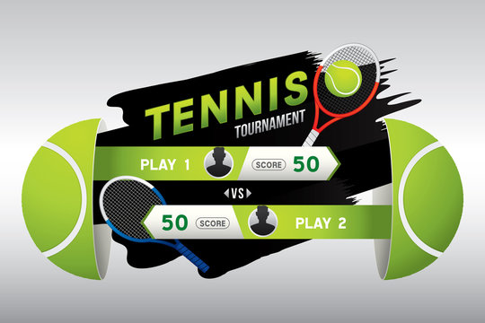 Tennis tournament design with players and scoreboard.