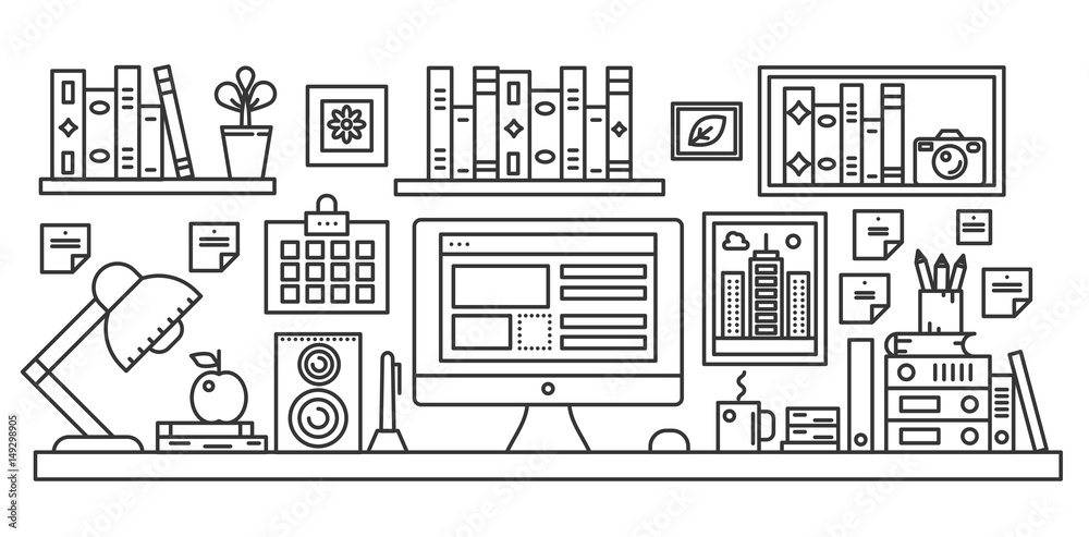 Poster linear office table with computer workspace and other equipment in office interior illustration. thi