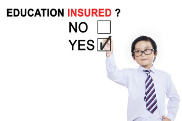 Little businessman approving with education insured