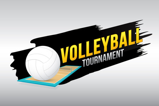 Volleyball tournament badge design with ball and court.