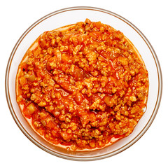 Spaghetti bolognese sauce in glass pot