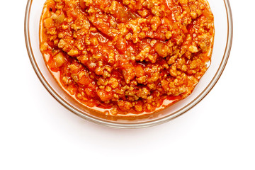 Spaghetti bolognese sauce in glass pot