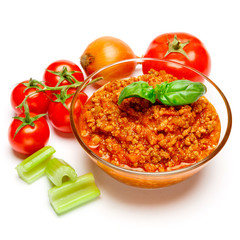 Spaghetti bolognese sauce in glass pot