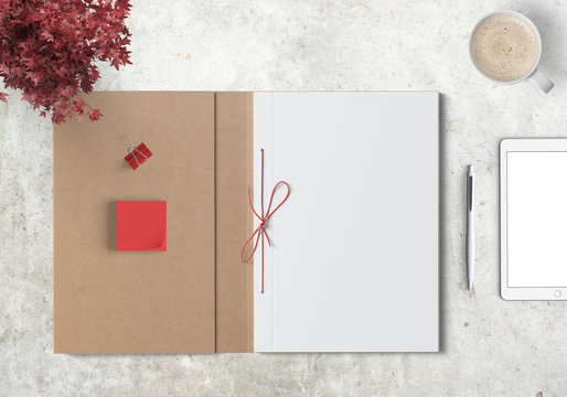 blank document with different items on a wooden board - business / concept / ideas 
