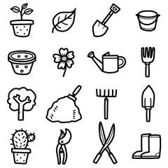 gardening objects, icons set / cartoon vector and illustration, hand drawn style, black and white, isolated on white background.