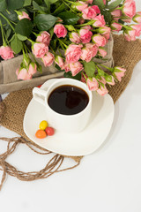Food, drinks, flowers, coffee, morning, fragrance, flashlight, pink, objects