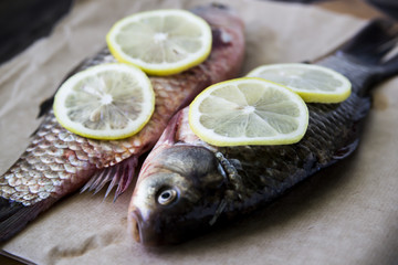Raw fish with lemon on a cutting board. In the kitchen before cooking