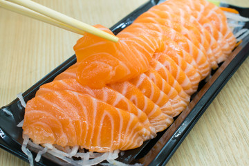 Salmon Sashimi on back plastic tray 