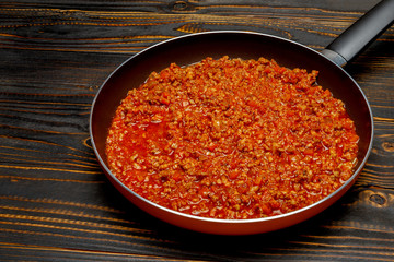 Spaghetti bolognese sauce on a pan