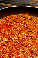 Spaghetti bolognese sauce on a pan