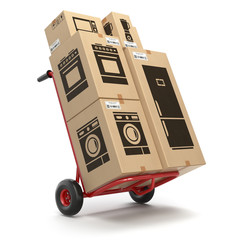 Sale and delivery of household kitchen appliaces concept. Hand truck and cardboard boxes with appliaces.