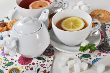 Delicious light breakfast  with light tea with cookies