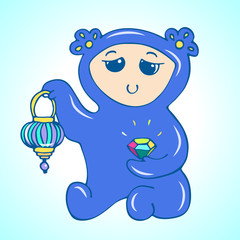 Cute cartoon monster holding colorful crystal and lantern
