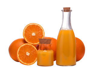 Beautiful fresh oranges and utensils, isolated on white background