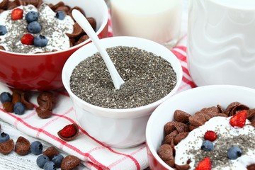 Breakfast chocolate cereal cornflakes with yogurt & chia seeds