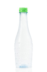 cold water bottle with many drops on white background


