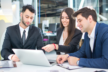 White collar workers discussing financial report on laptop while having business meeting in the office.