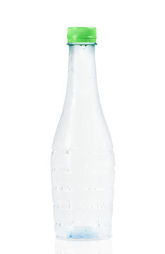 cold water bottle with many drops on white background

