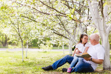 Fototapeta premium grandfather and his little granddaughter together in garden