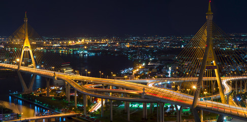 Fototapeta na wymiar The Bhumibol Bridge also known as the Industrial Ring Road Bridge, at twilight, Bangkok, Thailand.