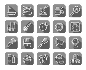 Beauty and health, icons, linear, gray, vector. Care for body and face. The white contour icons on gray background with shadow. Flat, vector clip art. 