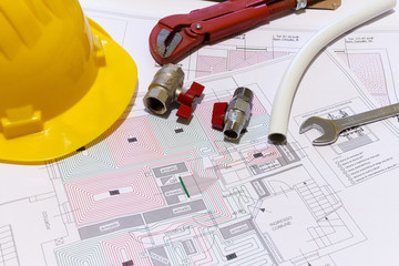 Office desk with hydraulic fittings, helmet  and radiant floor design