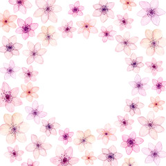 Hand painted watercolor circle frame made with tender pink spring flowers  isolated on white.