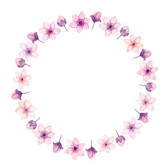 Hand painted watercolor circle frame made with tender pink spring flowers and buds  isolated on white.