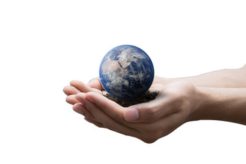 Earth planet in man hand isolated on white - Elements of this image furnished by NASA