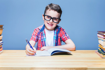 Schoolboy learns homework, education concept