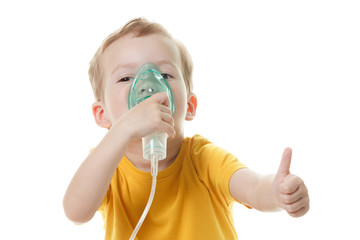 Caucasian child holding oxygen or inhaler mark isolated on white.