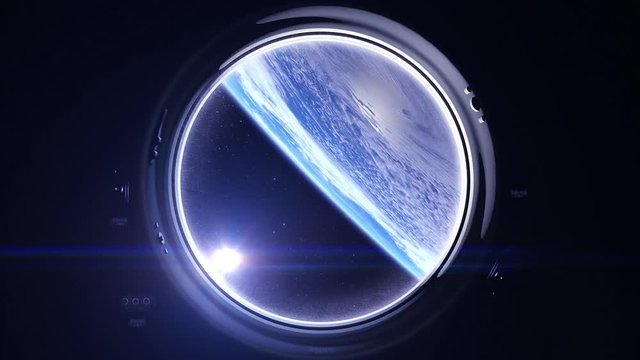 Sunrise over the Earth. Earth as seen through window of spaceship. The earth slowly rotates. Realistic atmosphere. Volumetric clouds. View from space. Starry sky. 4K. Space, earth, orbit.