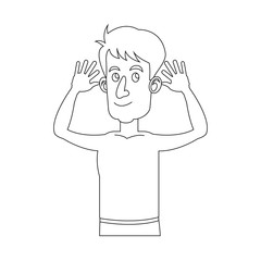 character man with hands raised without shirt outline vector illustration design
