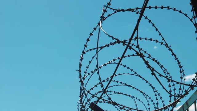 Barbed wire on the fence. Fencing of the enterprise. Closed territory. Warning of danger. Protection from attack and escape