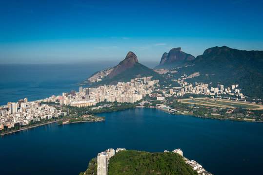 Rodrigo de Freitas Lagoon, Two Brothers and Pedra da Gavea Mountains, Ipanema and Leblon Aerial View, Rio de Janeiro, Brazil