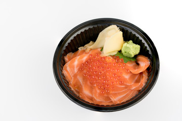 Salmon Ikura Don topping with salmon,tobiko,wasabi and Pickled Ginger in black blow