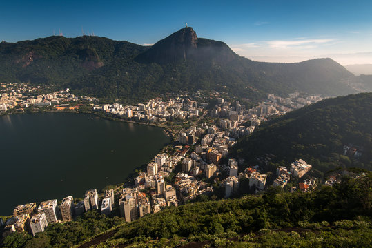 Aerial View of Rio de Janeiro Mountains With Corcovado, Lagoon, Lagoa and Humaita Neighborhoods
