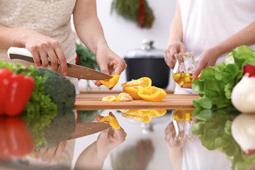 Obraz na płótnie Canvas Closeup of two women are cooking in a kitchen. Friends having fun while preparing fresh salad.