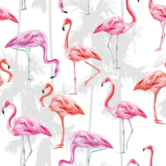 Abwaschbare Fototapete Flamingo Rosa Flamingo Musterdesign weißer Hintergrund mit Palm