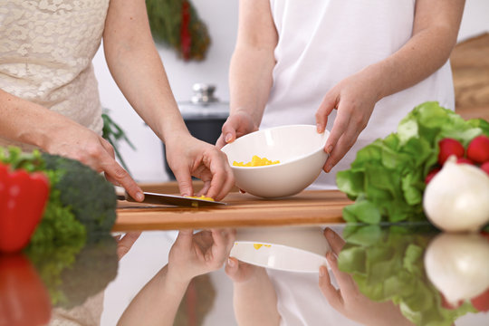 Closeup of two women are cooking in a kitchen. Friends having fun while preparing fresh salad.