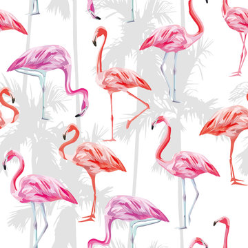 Pink flamingo seamless pattern white background with palm