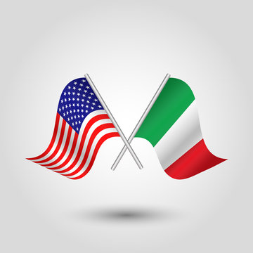 vector two crossed american and italian flags on silver sticks - symbol of united states of america and italy
