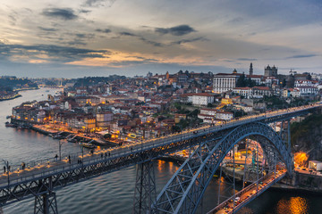 Fototapeta na wymiar Aerial view of Porto city and Dom Luis I arch bridge, Portugal