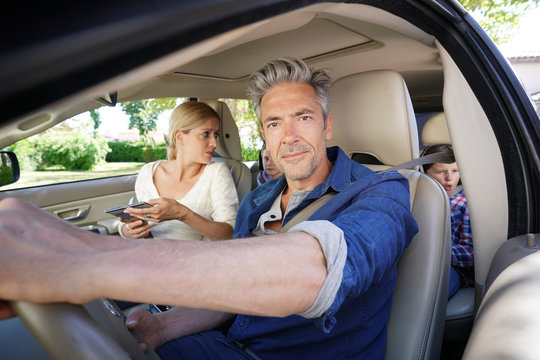 Family Riding Car, Leaving For Vacation